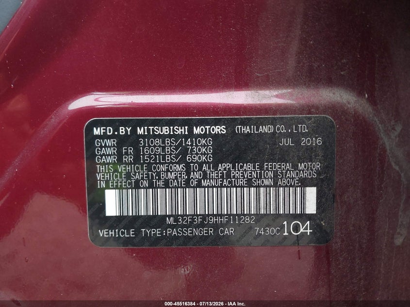 2017 Mitsubishi Mirage G4 Es VIN: ML32F3FJ9HHF11282 Lot: 45516384