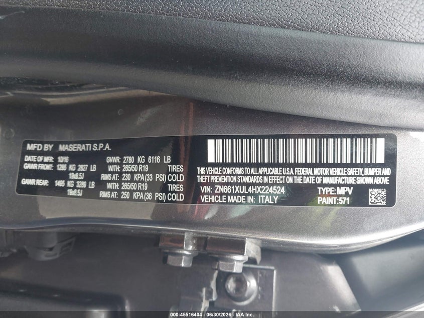 2017 Maserati Levante VIN: ZN661XUL4HX224524 Lot: 45516404