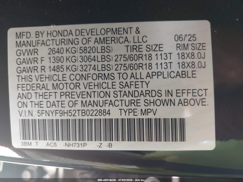 2026 Honda Passport Awd Trailsport/Awd Trailsport Blackout VIN: 5FNYF9H52TB022884 Lot: 45516436
