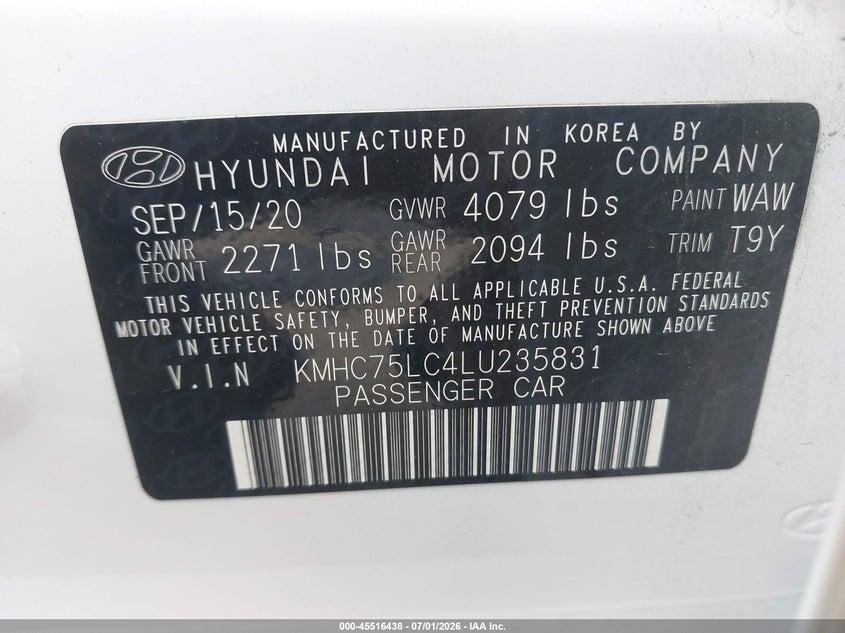 2020 Hyundai Ioniq Hybrid Se VIN: KMHC75LC4LU235831 Lot: 45516438