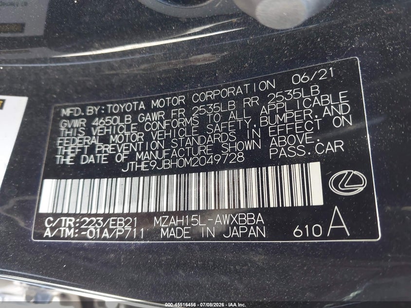 2021 Lexus Ux 250H F Sport VIN: JTHE9JBH0M2049728 Lot: 45516456