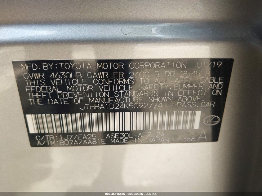 LEXUS IS 300 2019 VIN JTHBA1D24K5092774
