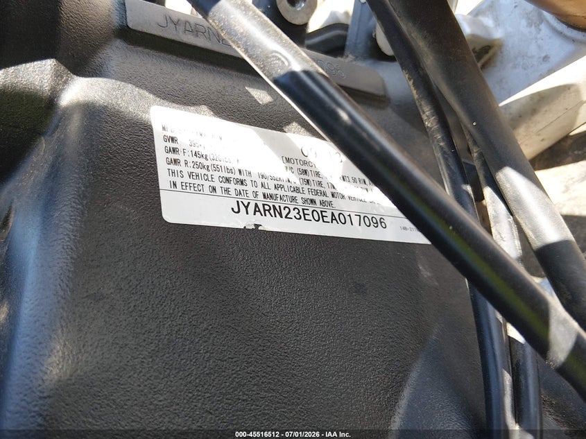2014 Yamaha Yzfr1 VIN: JYARN23E0EA017096 Lot: 45516512