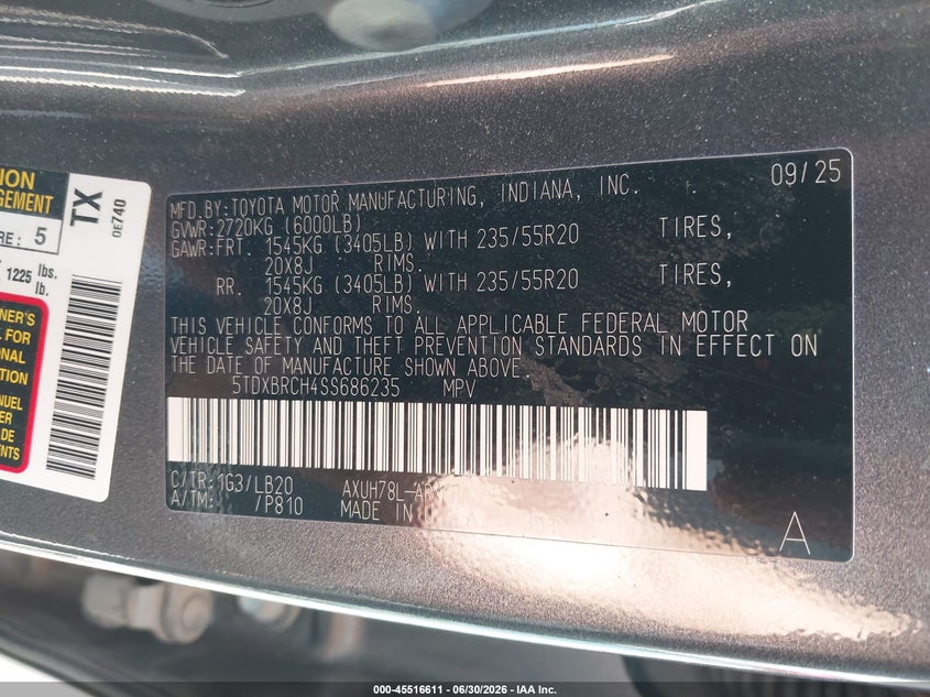 TOYOTA HIGHLANDER HYBRID 2025 VIN 5TDXBRCH4SS686235