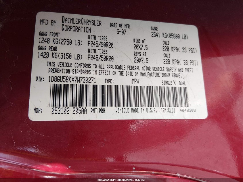 2007 Dodge Nitro Slt/Rt VIN: 1D8GU58KX7W730271 Lot: 45516641