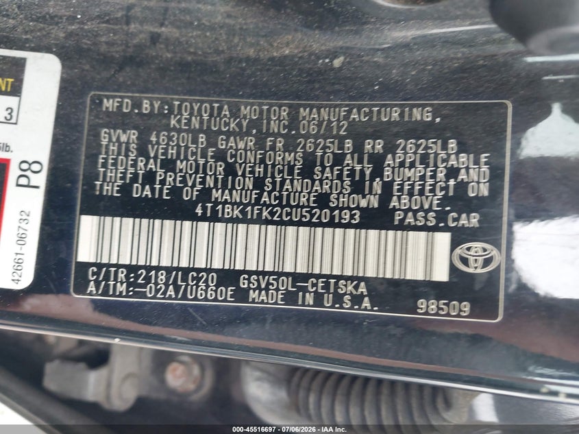 2012 TOYOTA CAMRY SEDAN 3.5L V-6 DOHC, VVT, 268HP