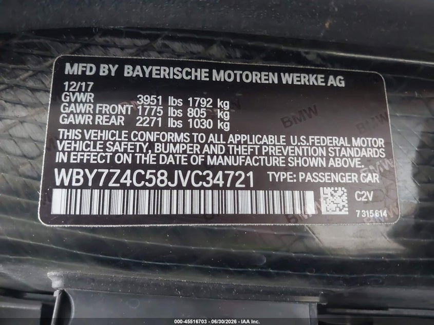 2018 BMW I3 94Ah W/Range Extender VIN: WBY7Z4C58JVC34721 Lot: 45516703