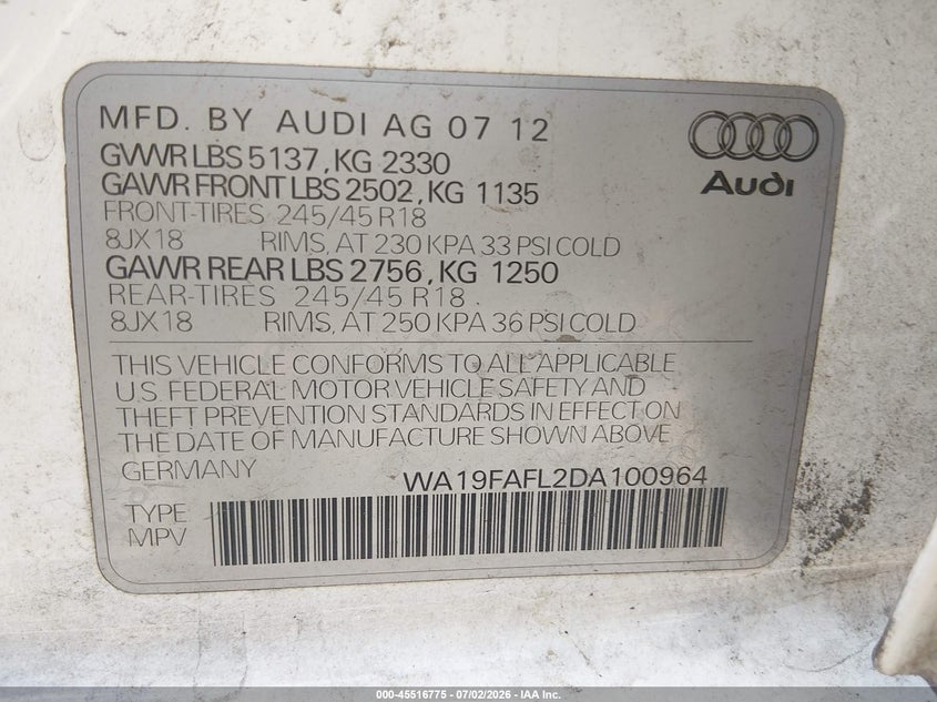 2013 Audi Allroad 2.0T Premium VIN: WA19FAFL2DA100964 Lot: 45516775