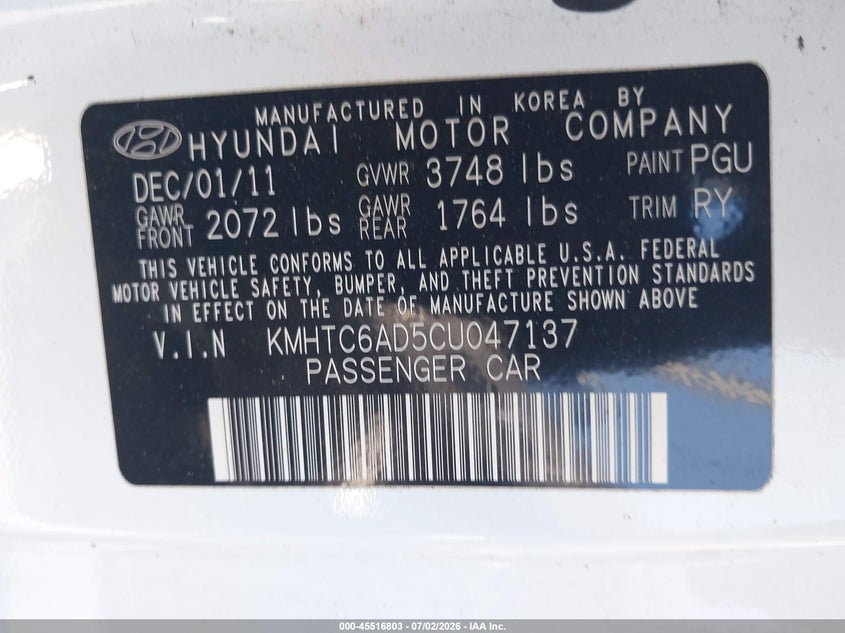 2012 Hyundai Veloster Base W/Gray VIN: KMHTC6AD5CU047137 Lot: 45516803