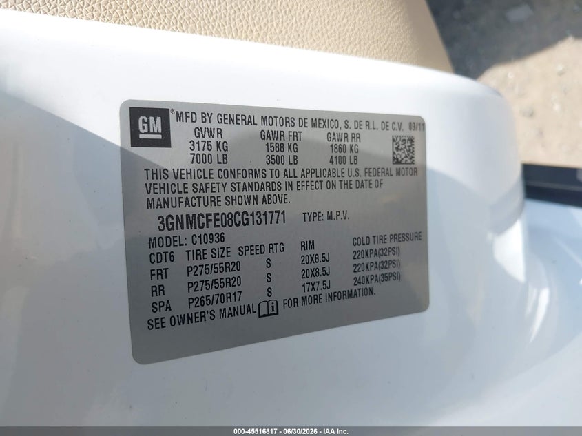 2012 Chevrolet Avalanche Lt VIN: 3GNMCFE08CG131771 Lot: 45516817