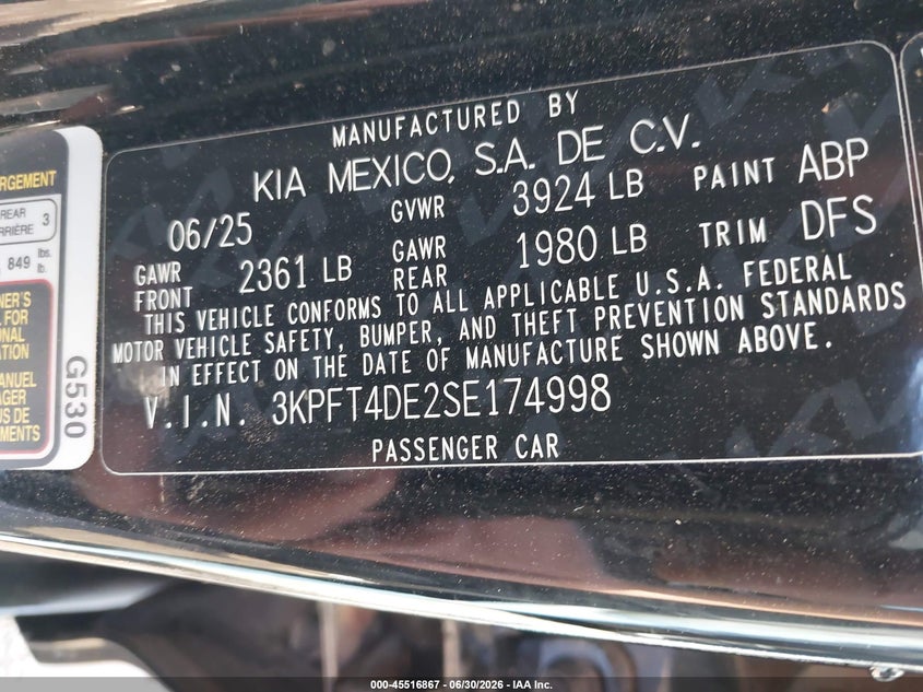 2025 Kia K4 Lx VIN: 3KPFT4DE2SE174998 Lot: 45516867
