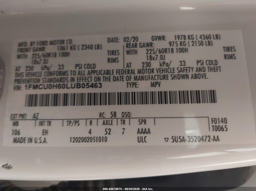 2020 Ford Escape Sel VIN: 1FMCU0H60LUB05463 Lot: 45516870