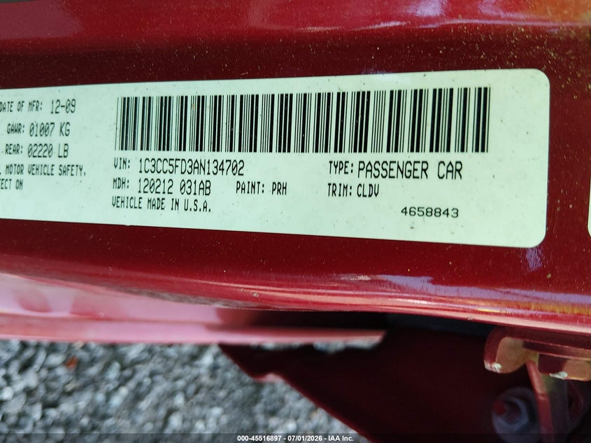 2010 Chrysler Sebring Limited VIN: 1C3CC5FD3AN134702 Lot: 45516897