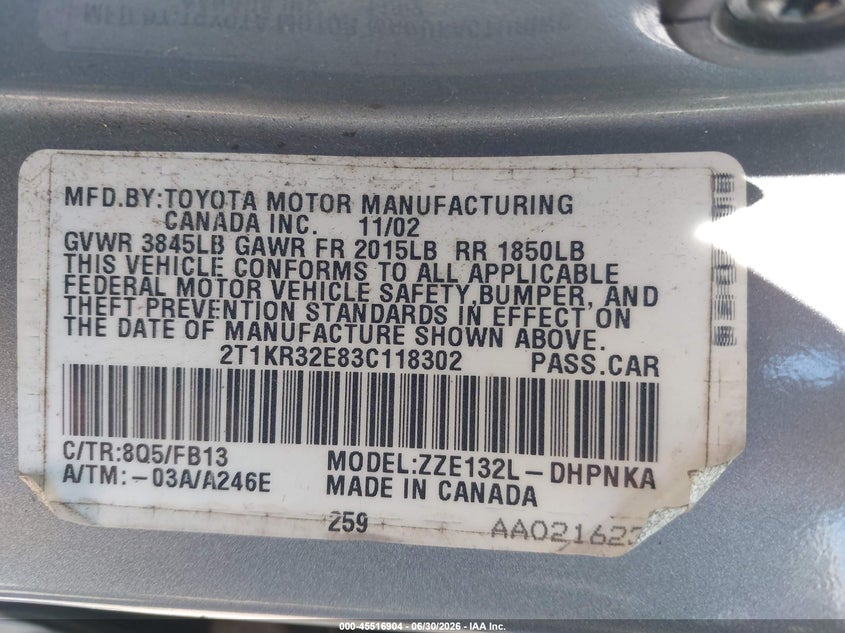 2003 Toyota Matrix Xr VIN: 2T1KR32E83C118302 Lot: 45516904