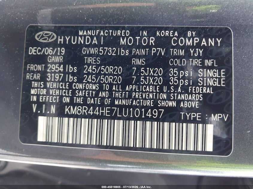 2020 Hyundai Palisade Sel VIN: KM8R44HE7LU101497 Lot: 45516905