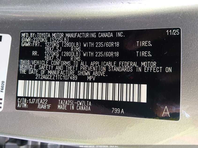 2026 Lexus Nx 350 VIN: 2T2AGCEZ1TC107489 Lot: 45516935