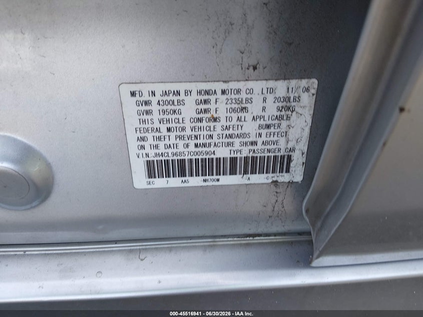 2007 Acura Tsx VIN: JH4CL96857C005904 Lot: 45516941