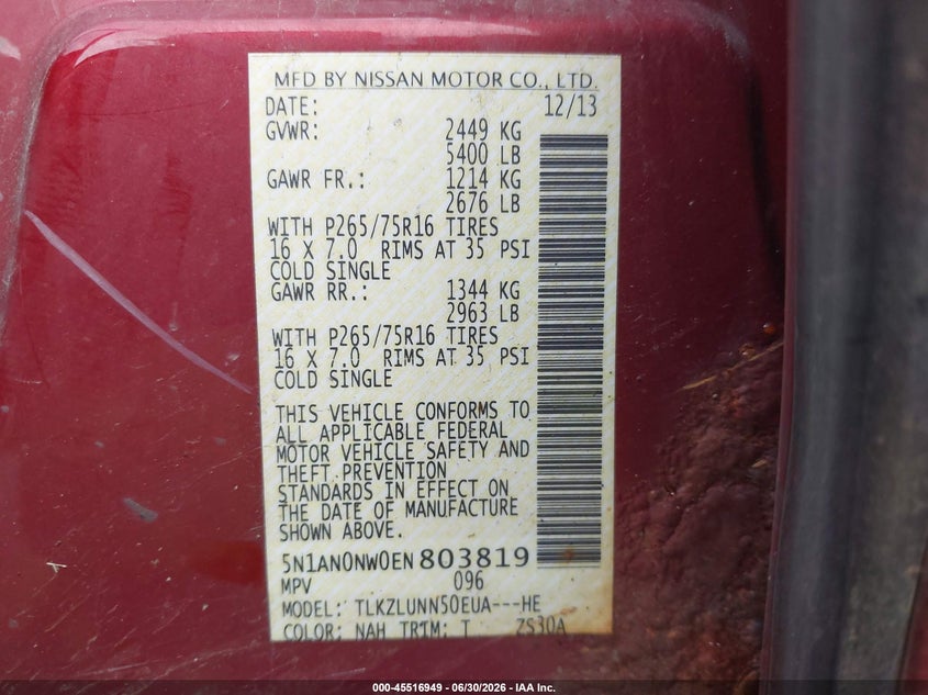 2014 Nissan Xterra Pro-4X VIN: 5N1AN0NW0EN803819 Lot: 45516949