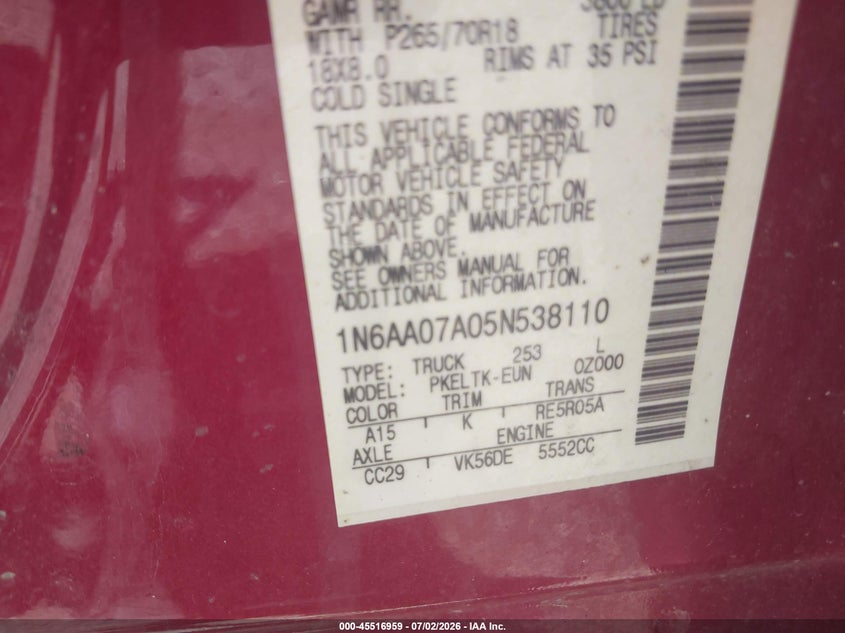 2005 Nissan Titan Se VIN: 1N6AA07A05N538110 Lot: 45516959