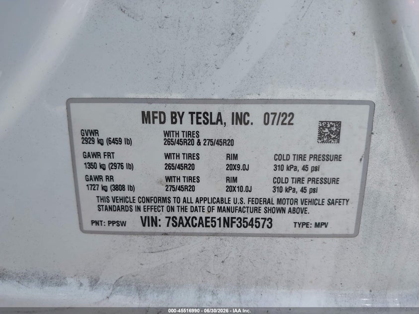 2022 Tesla Model X Dual Motor All-Wheel Drive VIN: 7SAXCAE51NF354573 Lot: 45516990