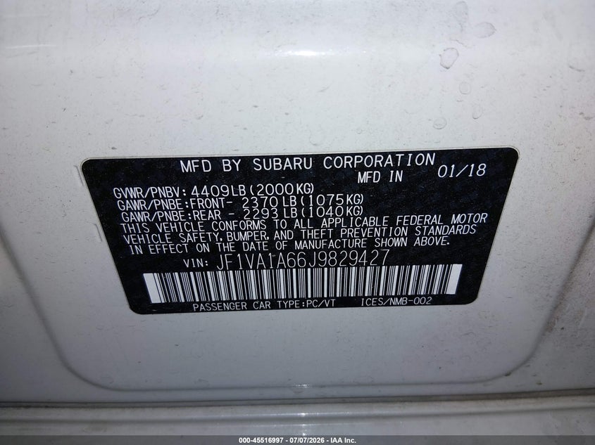 2018 Subaru Wrx VIN: JF1VA1A66J9829427 Lot: 45516997