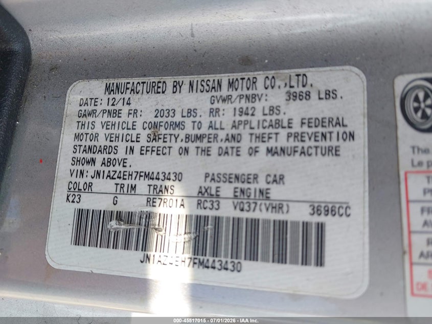 2015 Nissan 370Z Nismo/Nismo Tech/Sport/Sport Tech/Touring VIN: JN1AZ4EH7FM443430 Lot: 45517015