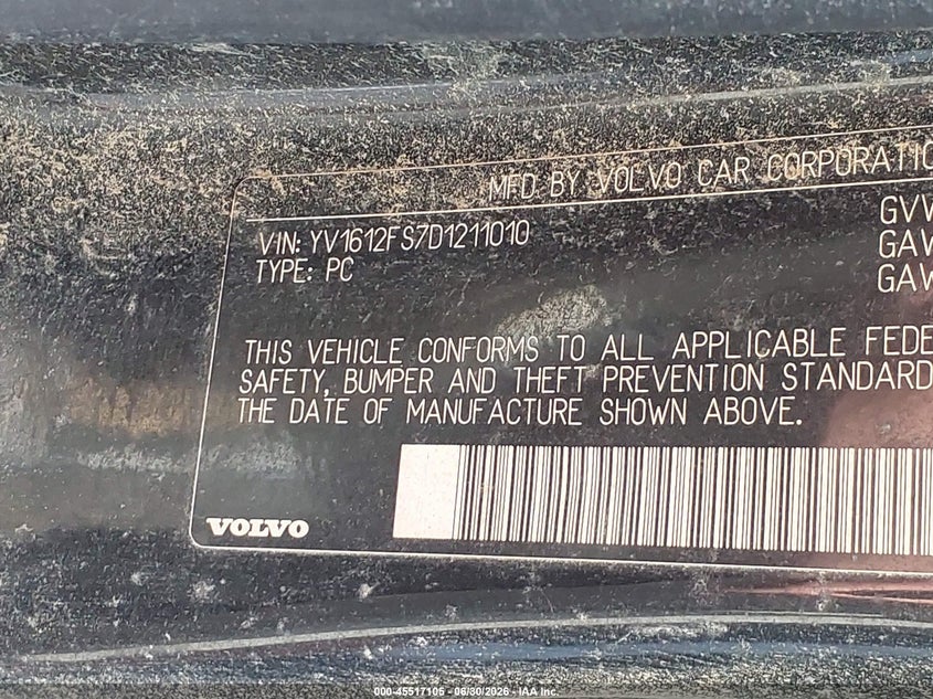 2013 Volvo S60 T5 VIN: YV1612FS7D1211010 Lot: 45517105