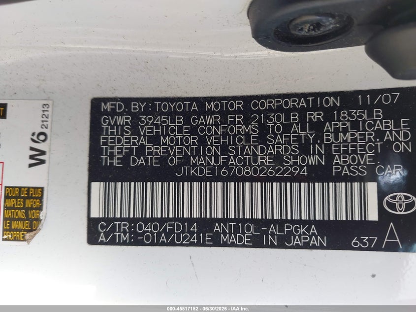 2008 Scion Tc VIN: JTKDE167080262294 Lot: 45517152