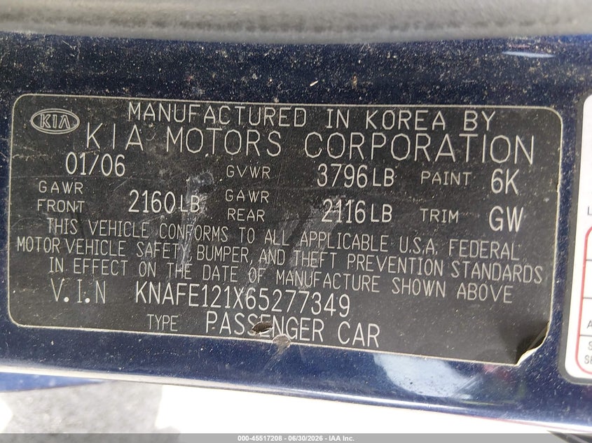 2006 Kia Spectra Ex/Lx/Sx VIN: KNAFE121X65277349 Lot: 45517208