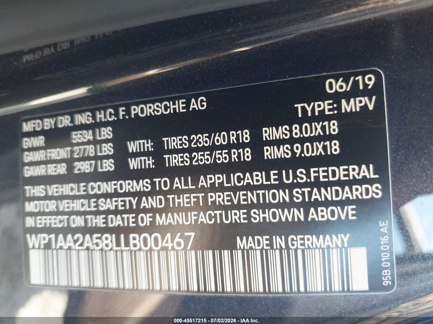 2020 Porsche Macan VIN: WP1AA2A58LLB00467 Lot: 45517215