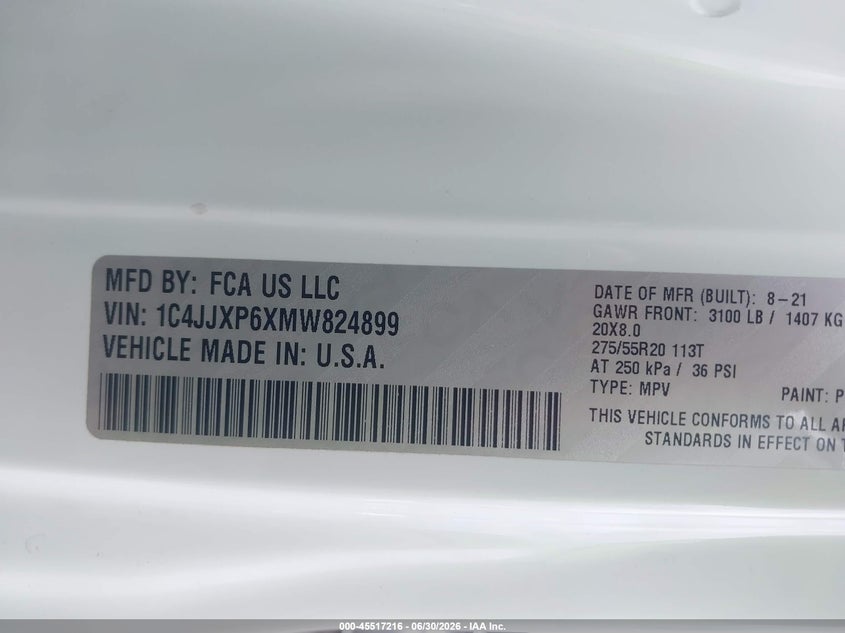 2021 Jeep Wrangler 4Xe Unlimited Sahara 4X4 VIN: 1C4JJXP6XMW824899 Lot: 45517216