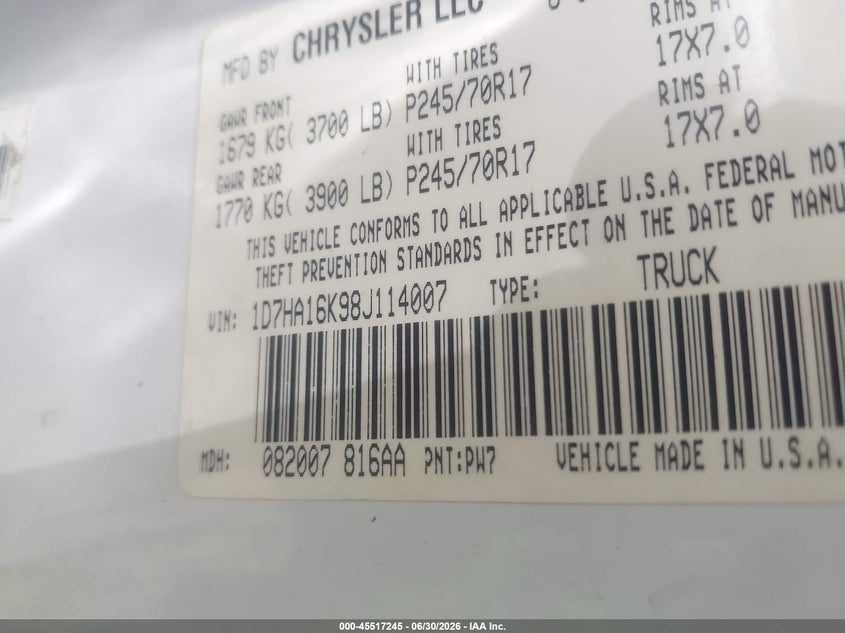 DODGE RAM 1500 2008 VIN 1D7HA16K98J114007