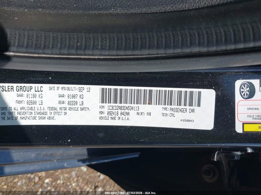 2013 Dodge Avenger Se VIN: 1C3CDZAB3DN534113 Lot: 45517260