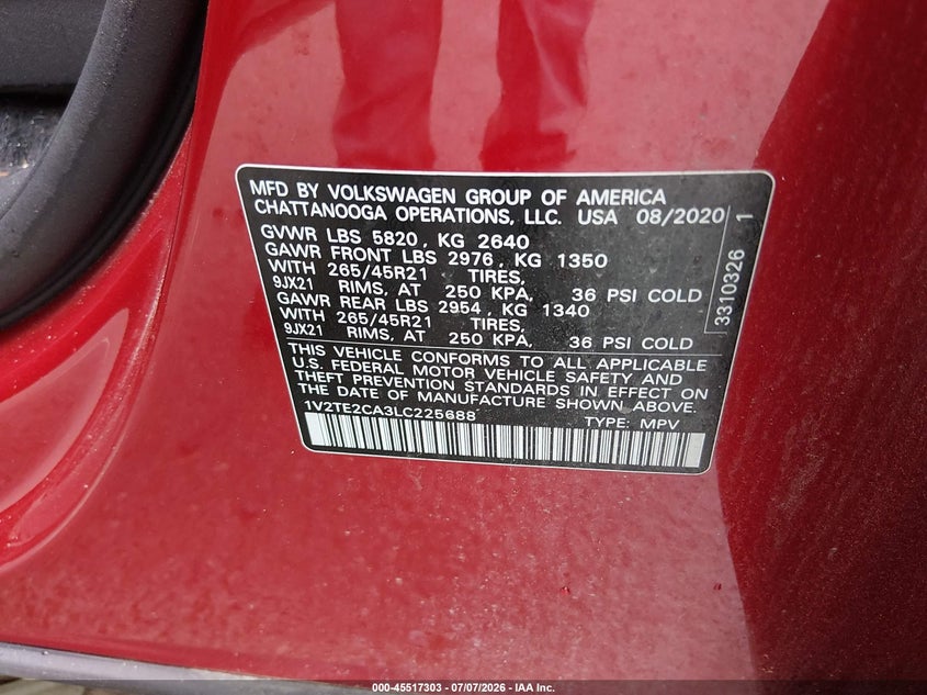 2020 Volkswagen Atlas Cross Sport 3.6L V6 Sel Premium R-Line VIN: 1V2TE2CA3LC225688 Lot: 45517303