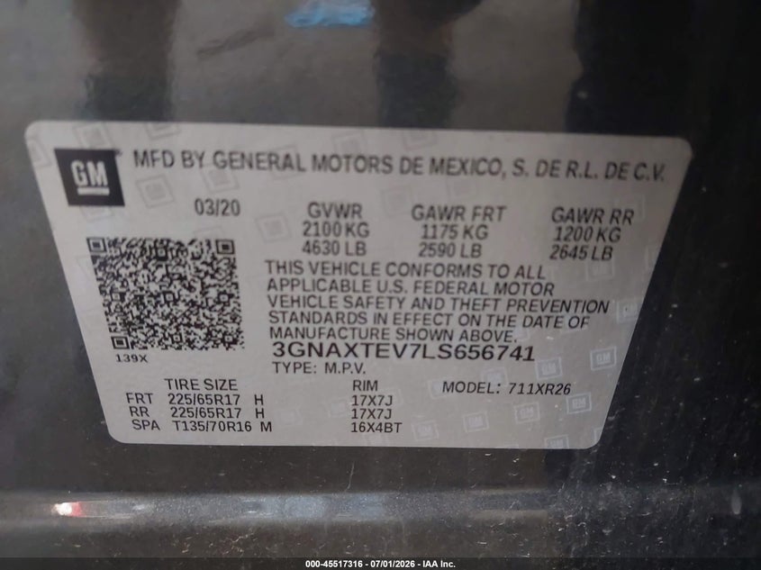 2020 CHEVROLET EQUINOX SPORT UTILITY VEHICLE 1.5L I-4 DI, DOHC, VVT, TURBO, 170HP