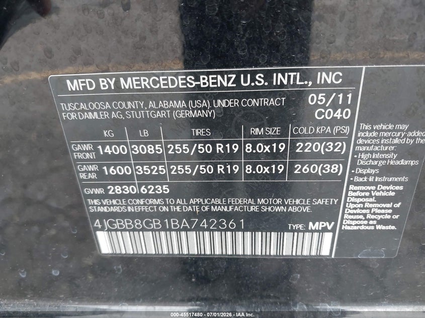2011 Mercedes-Benz Ml 350 4Matic VIN: 4JGBB8GB1BA742361 Lot: 45517480