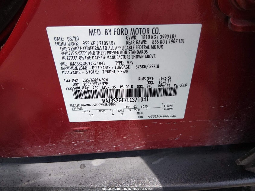 2020 Ford Ecosport Se VIN: MAJ3S2GE7LC371041 Lot: 45517488