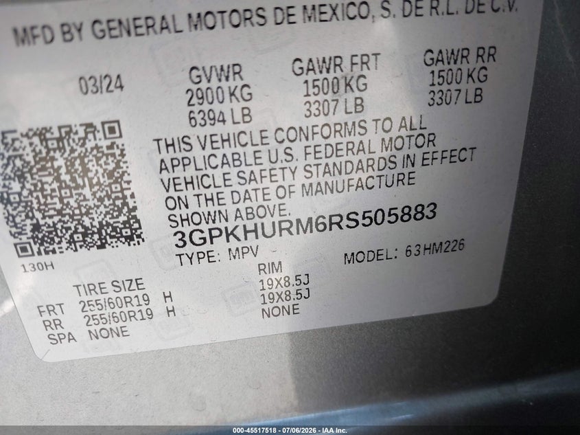 2024 Honda Prologue Ex VIN: 3GPKHURM6RS505883 Lot: 45517518