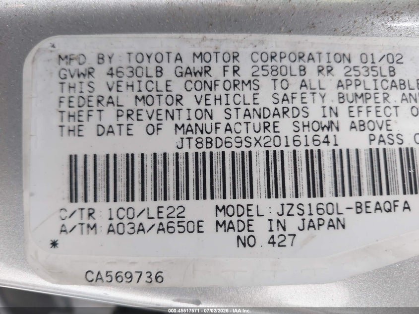 2002 Lexus Gs 300 VIN: JT8BD69SX20161641 Lot: 45517571