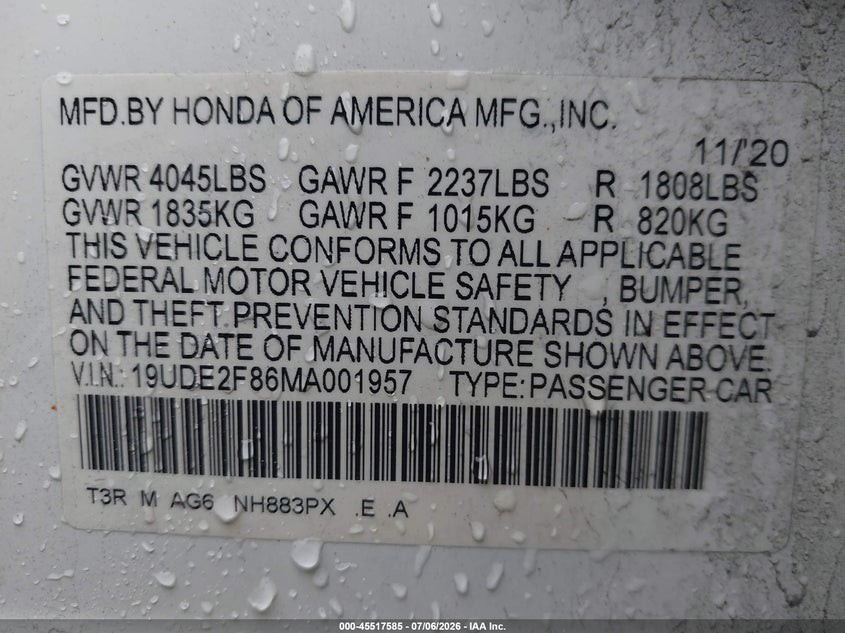 2021 Acura Ilx VIN: 19UDE2F86MA001957 Lot: 45517585