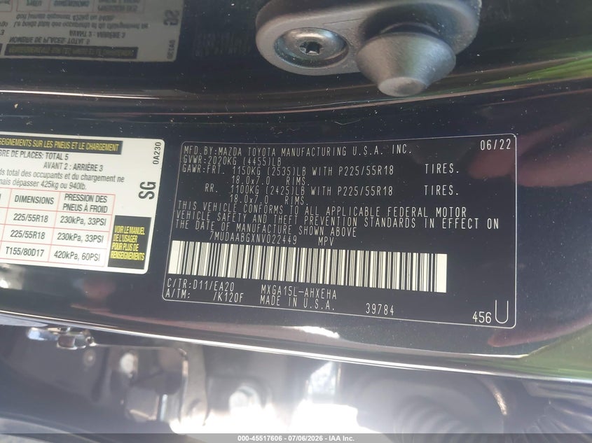 2022 Toyota Corolla Cross Xle VIN: 7MUDAABGXNV022449 Lot: 45517606