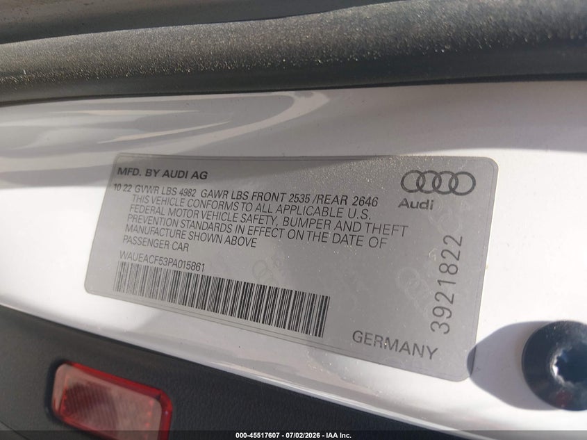 2023 Audi A5 Sportback Prestige 45 Tfsi S Line Quattro S Tronic VIN: WAUEACF53PA015861 Lot: 45517607