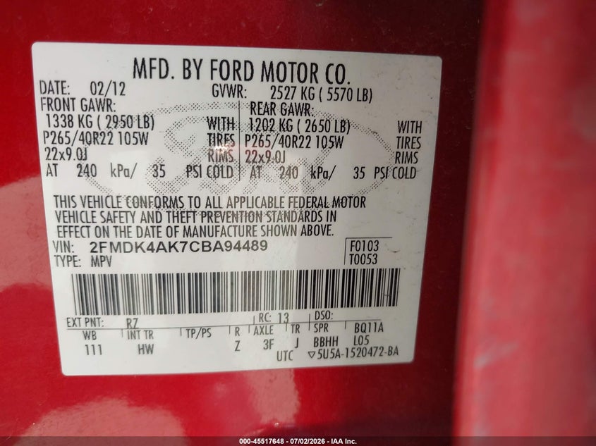 2012 FORD EDGE SPORT UTILITY VEHICLE 3.7L V-6 DOHC, VVT, 305HP