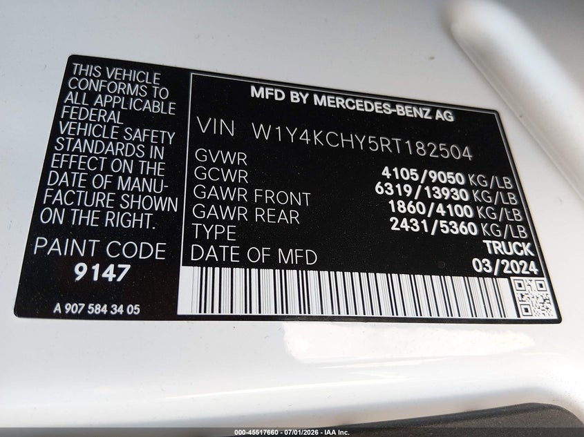 2024 Mercedes-Benz Sprinter 2500 High Roof 4-Cyl Diesel VIN: W1Y4KCHY5RT182504 Lot: 45517660