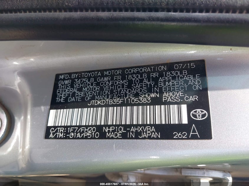 2015 Toyota Prius C One VIN: JTDKDTB35F1105383 Lot: 45517687