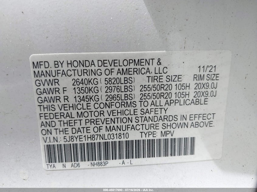 2022 Acura Mdx Advance Package VIN: 5J8YE1H87NL031810 Lot: 45517690