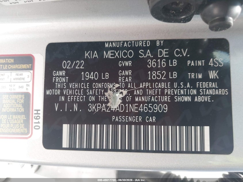 VIN 3KPA24AD1NE465909 2022 KIA RIO LX