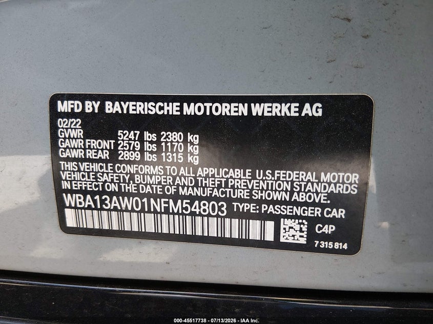 2022 BMW M440I Gran Coupe xDrive VIN: WBA13AW01NFM54803 Lot: 45517738