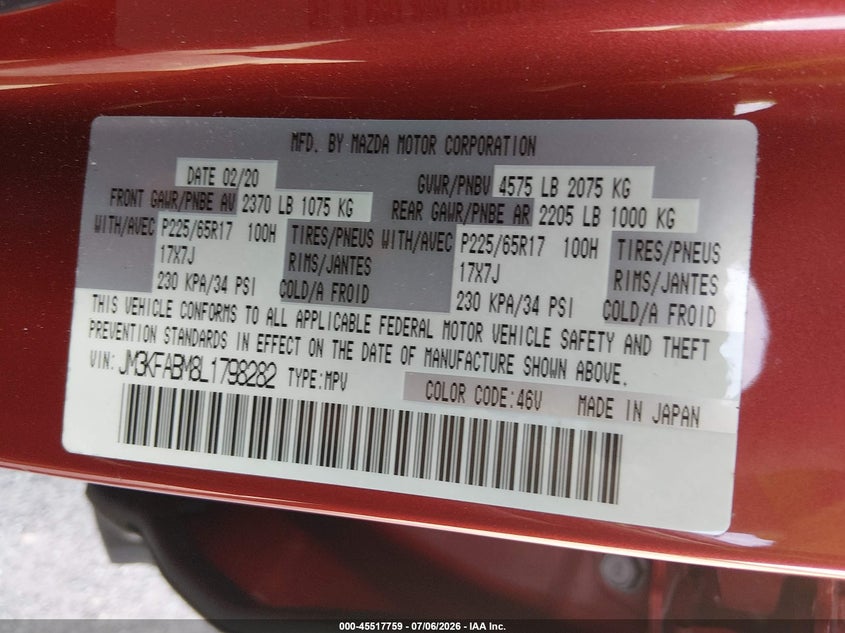 MAZDA CX-5 2020 VIN JM3KFABM8L1798282