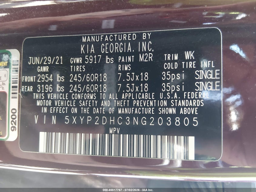 2022 Kia Telluride Lx VIN: 5XYP2DHC3NG203805 Lot: 45517767